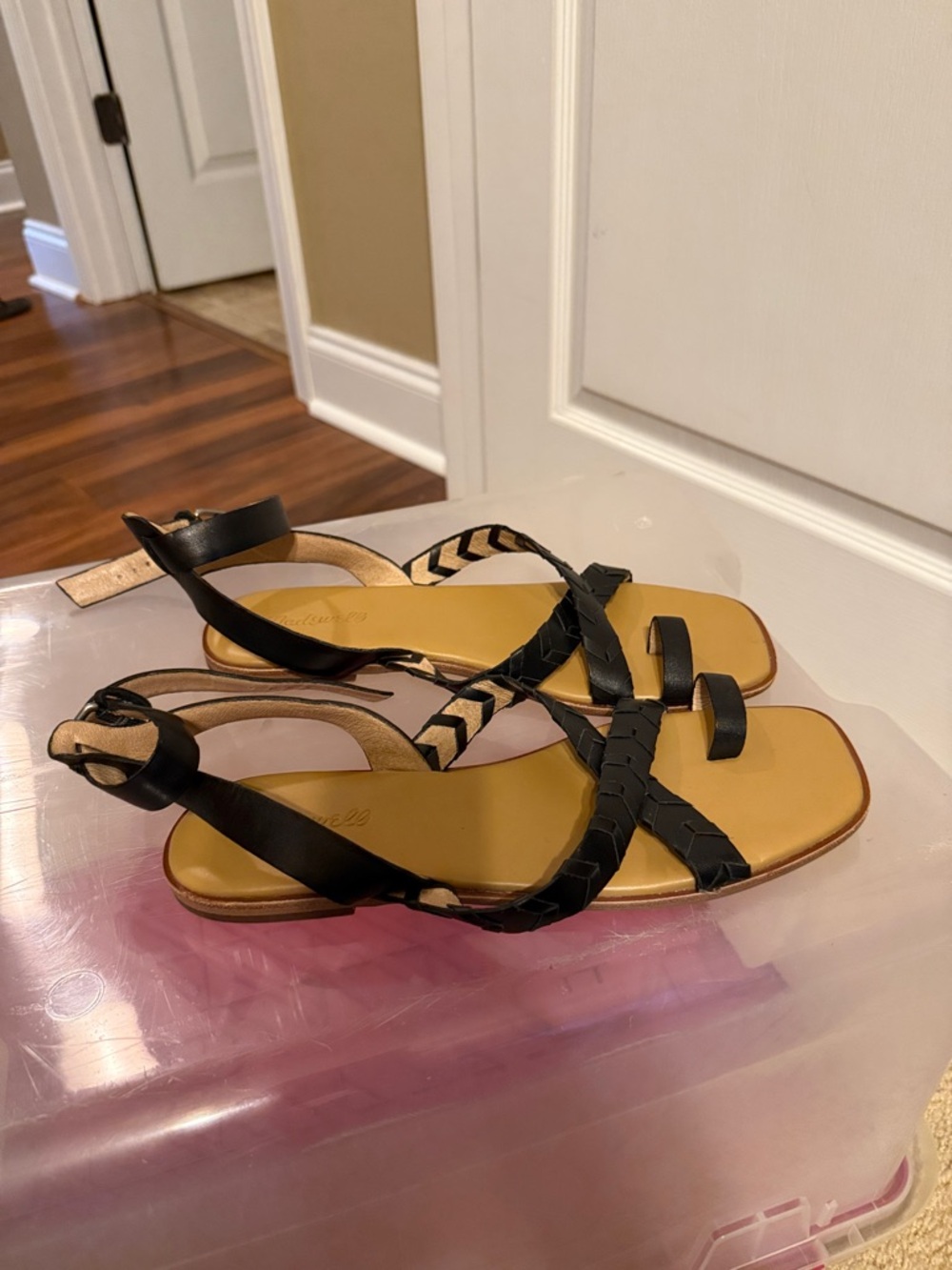 Madewell Black Strappy Leather Flat Sandals